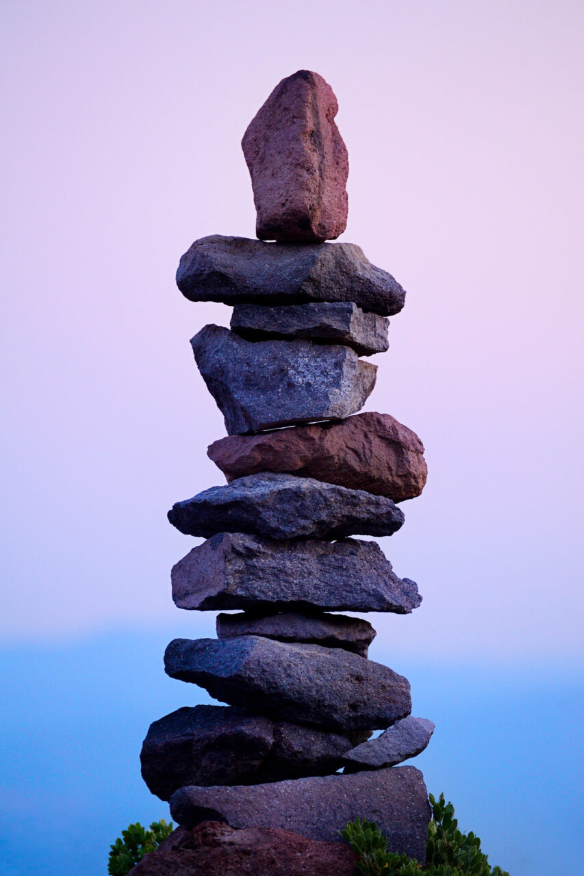 Rocks stacked neatly in rural landscape,Mt Shasta, California, USA
